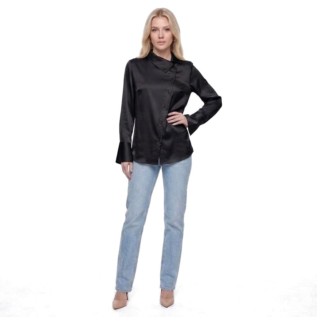 Asymmetric Collar Satin Button Shirt