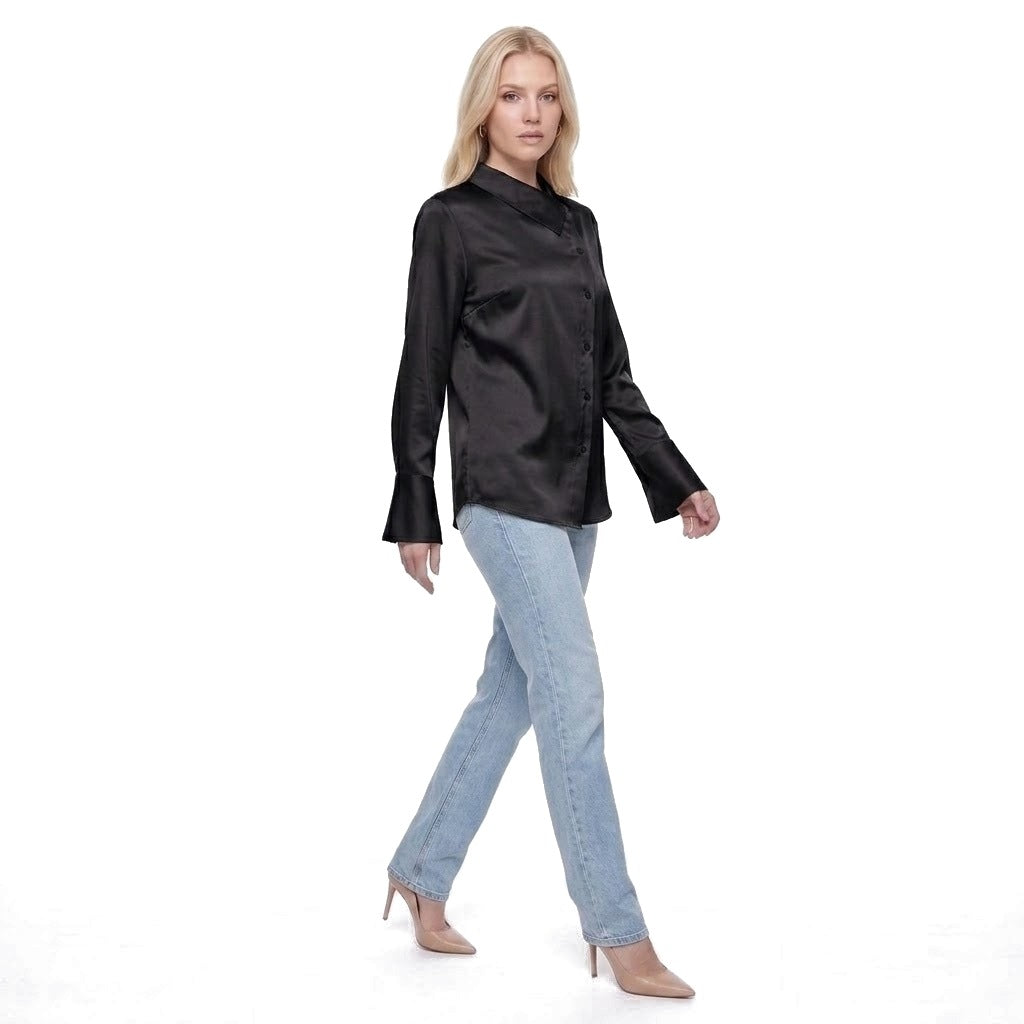 Asymmetric Collar Satin Button Shirt