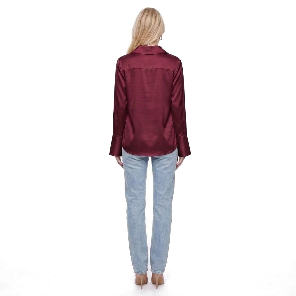 Asymmetric Collar Satin Button Shirt