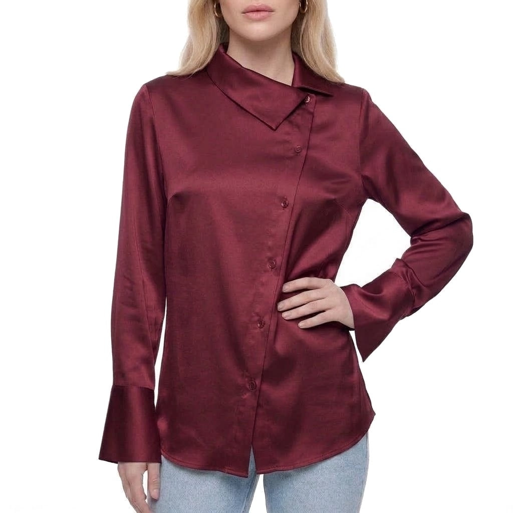 Asymmetric Collar Satin Button Shirt