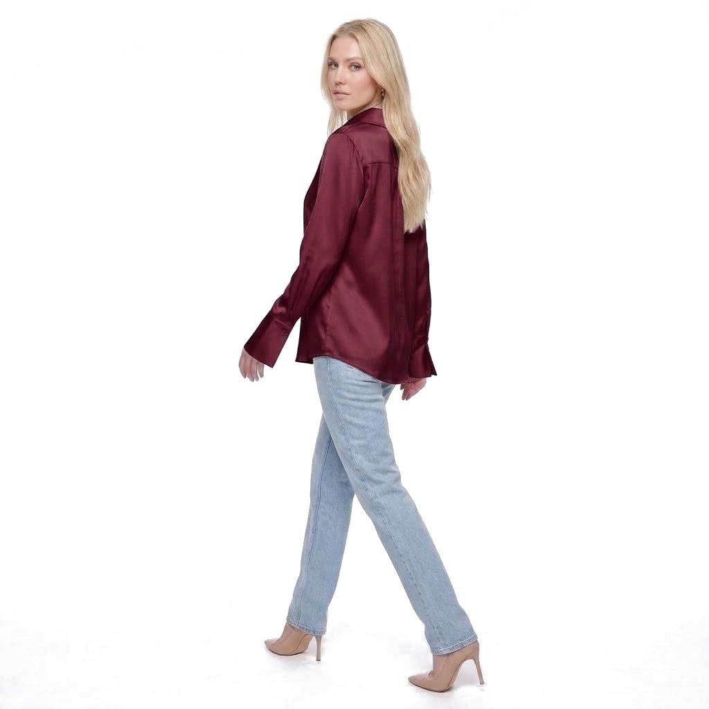 Asymmetric Collar Satin Button Shirt