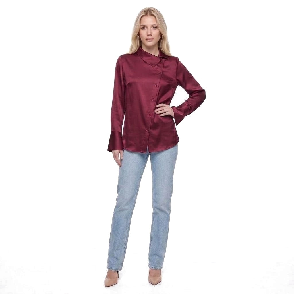 Asymmetric Collar Satin Button Shirt