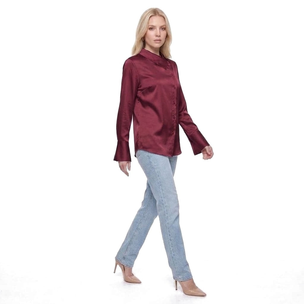 Asymmetric Collar Satin Button Shirt