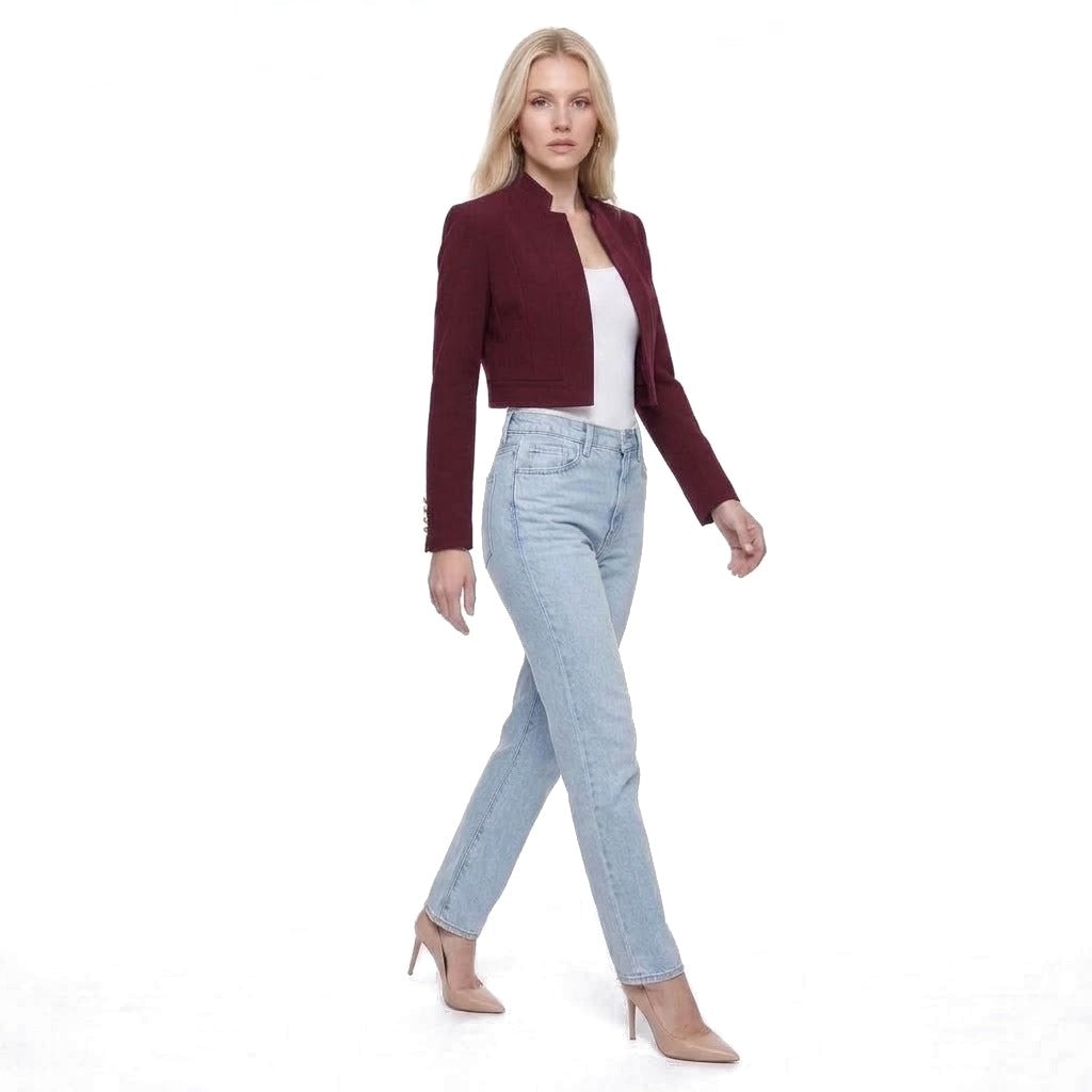 Cropped Stand Collar Open Front Blazer Jacket