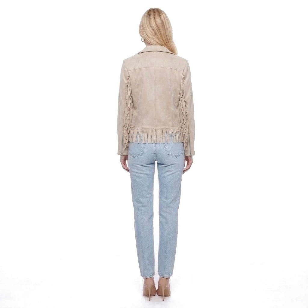 Faux Suede Fringe Trim Moto Jacket