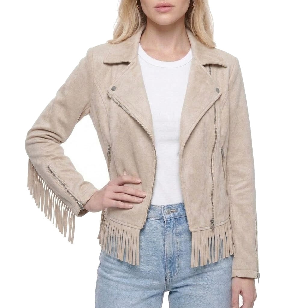 Faux Suede Fringe Trim Moto Jacket