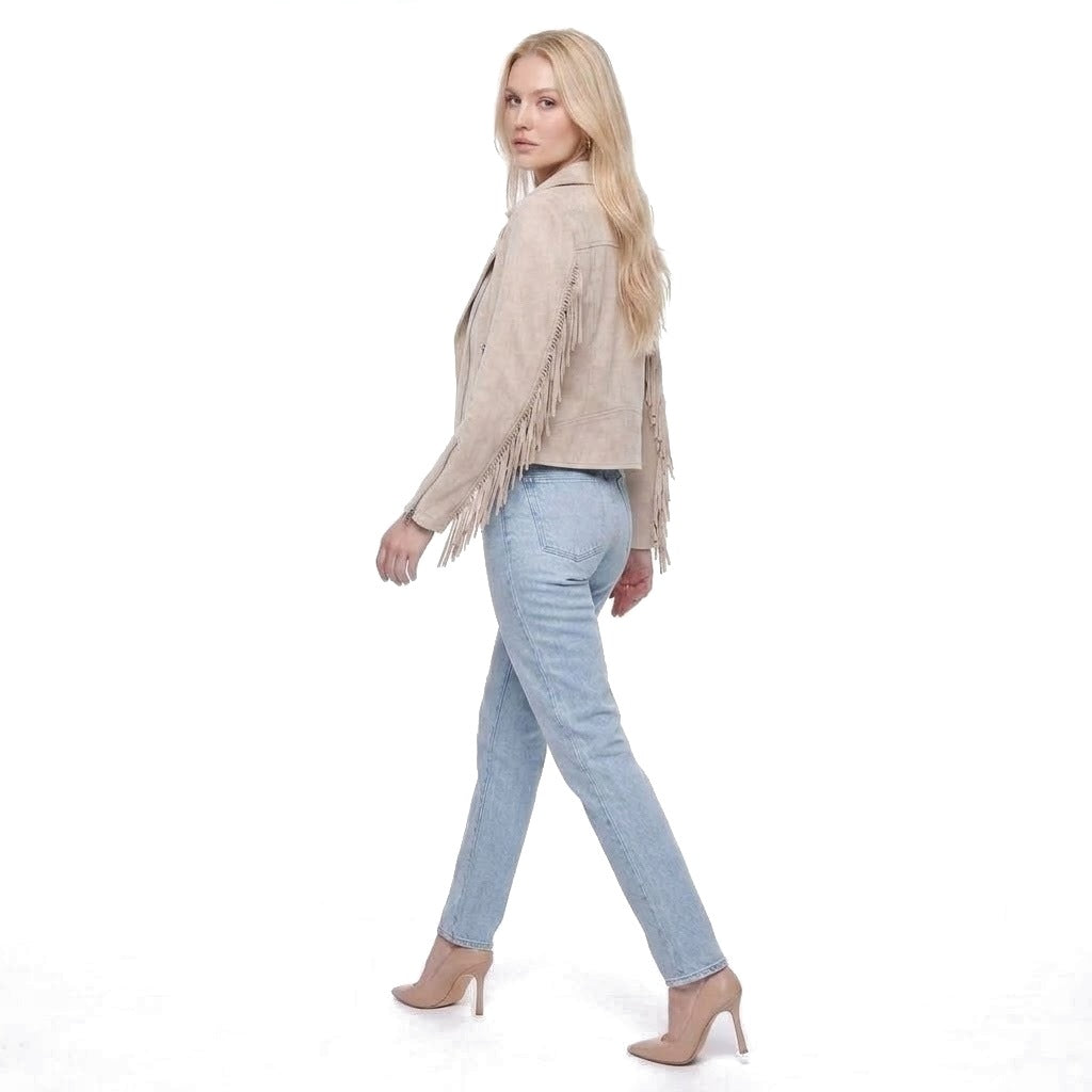 Faux Suede Fringe Trim Moto Jacket