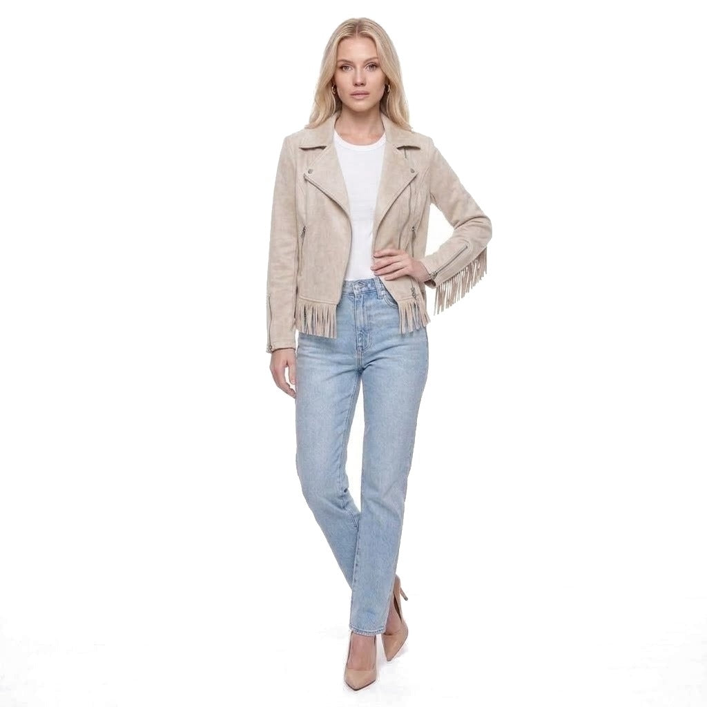 Faux Suede Fringe Trim Moto Jacket