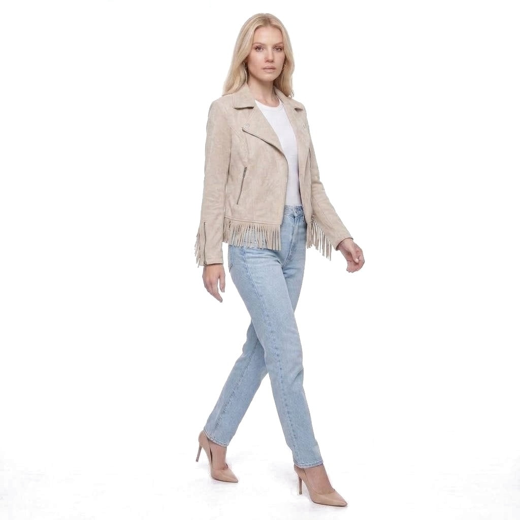 Faux Suede Fringe Trim Moto Jacket