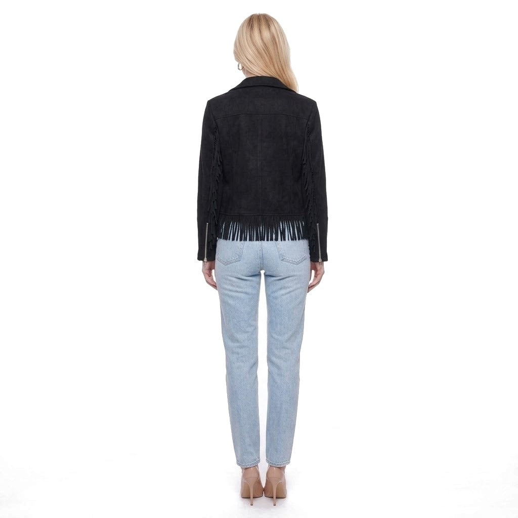 Faux Suede Fringe Trim Moto Jacket