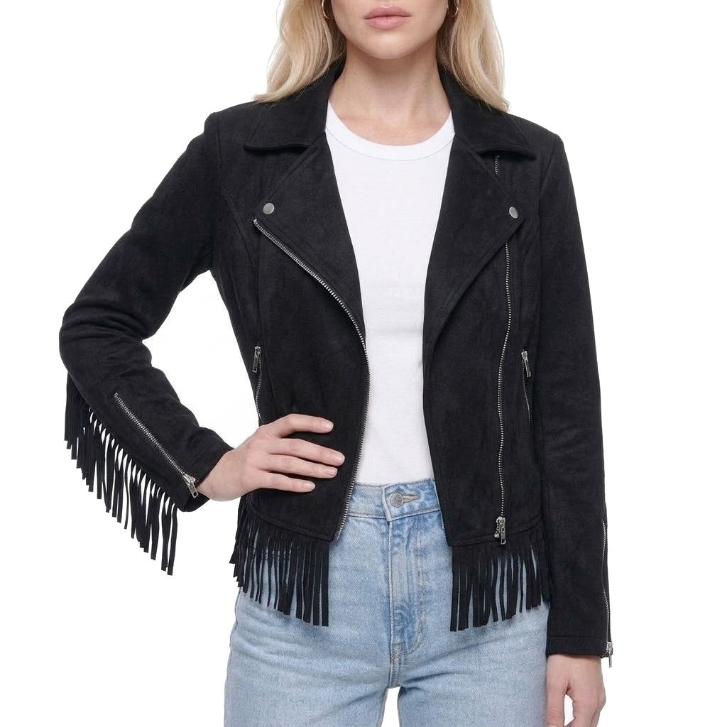 Faux Suede Fringe Trim Moto Jacket