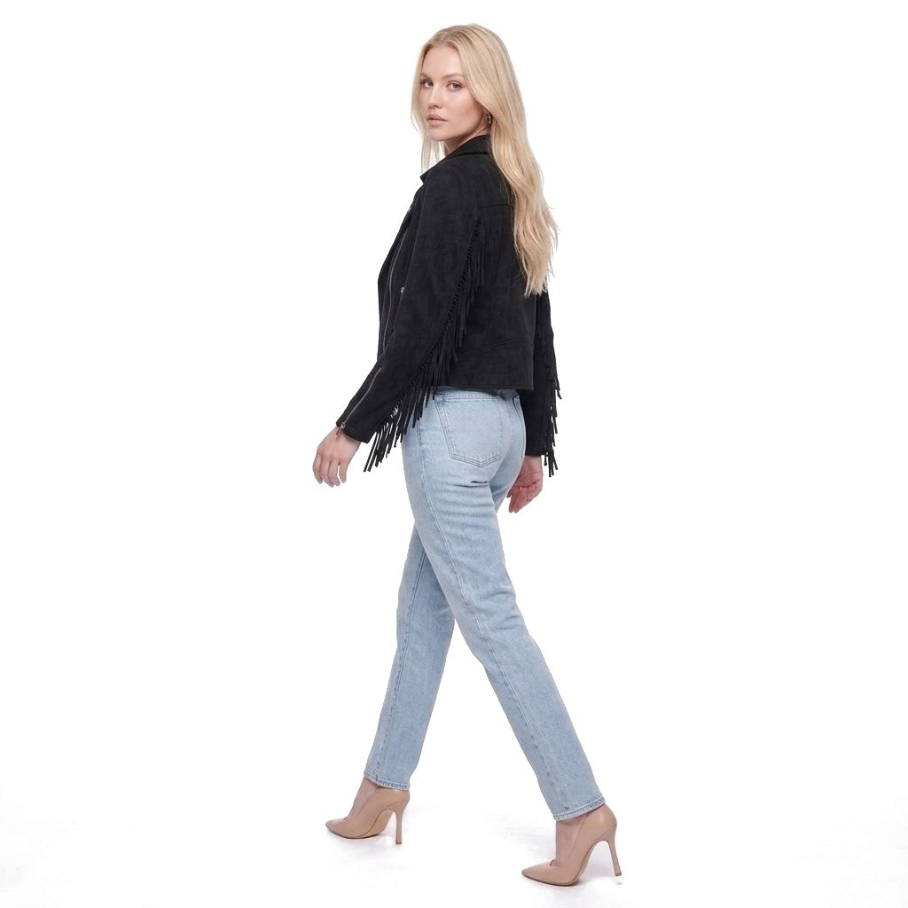 Faux Suede Fringe Trim Moto Jacket