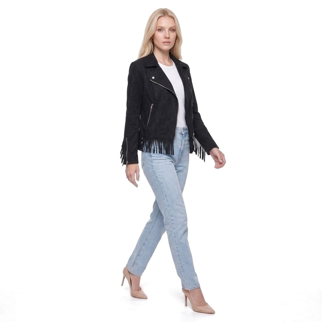 Faux Suede Fringe Trim Moto Jacket