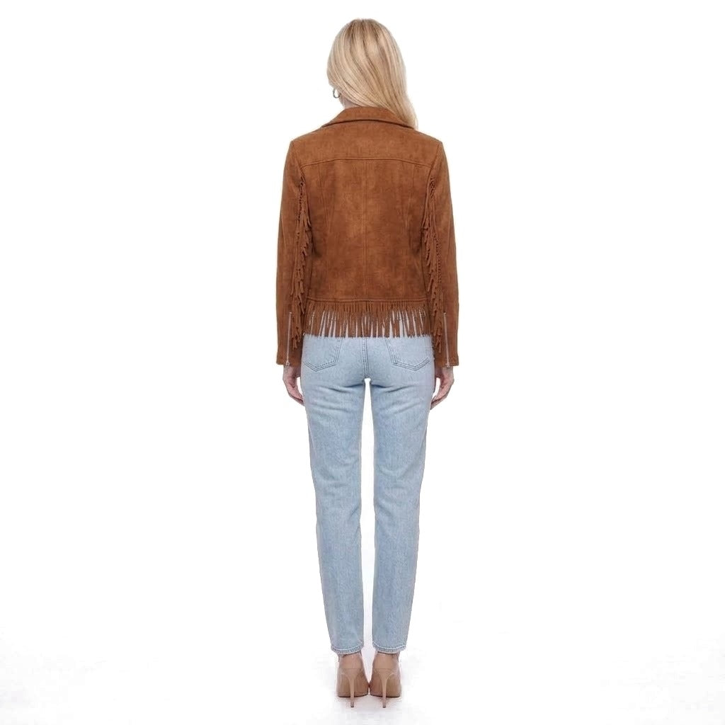 Faux Suede Fringe Trim Moto Jacket