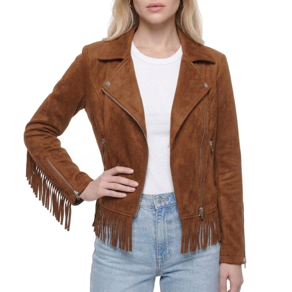 Faux Suede Fringe Trim Moto Jacket