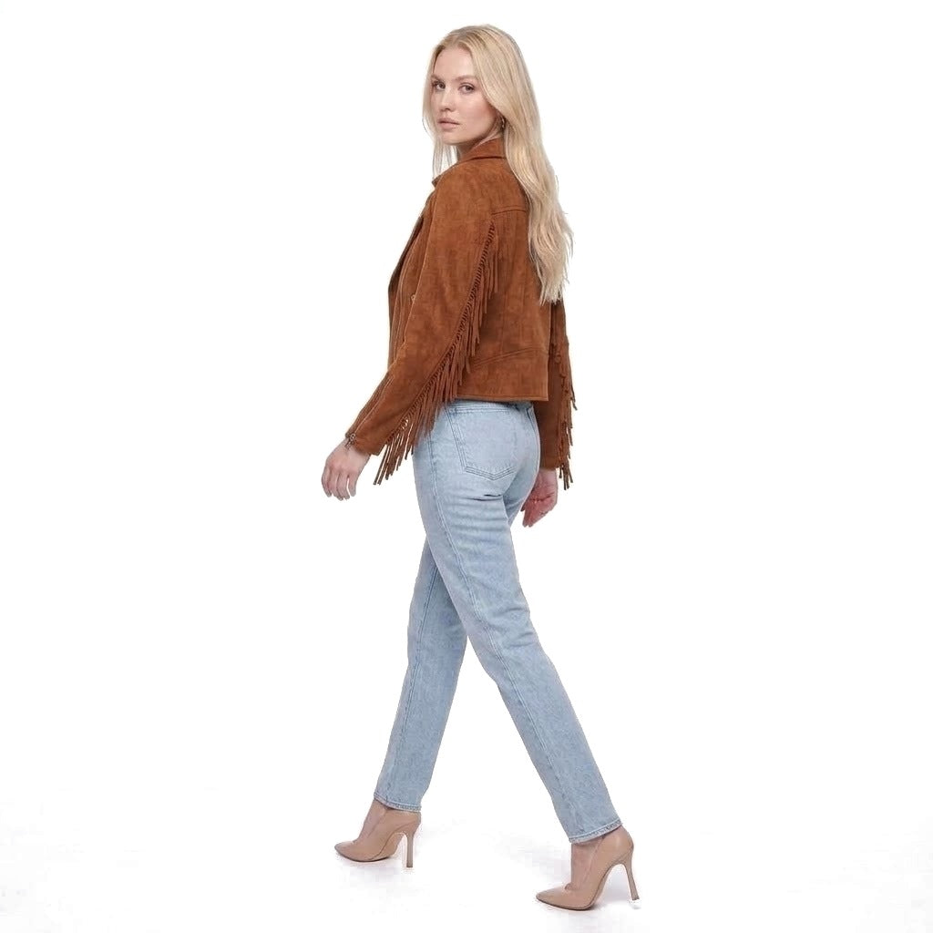 Faux Suede Fringe Trim Moto Jacket