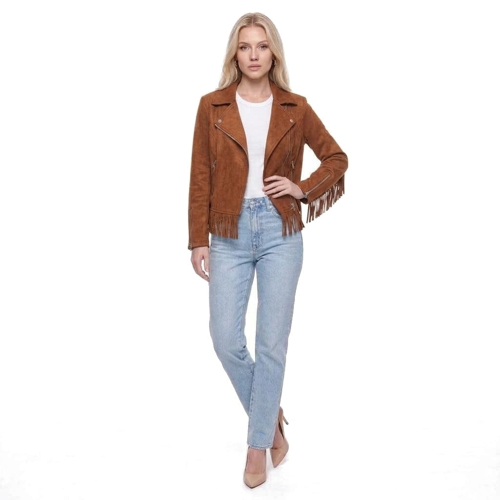 Faux Suede Fringe Trim Moto Jacket