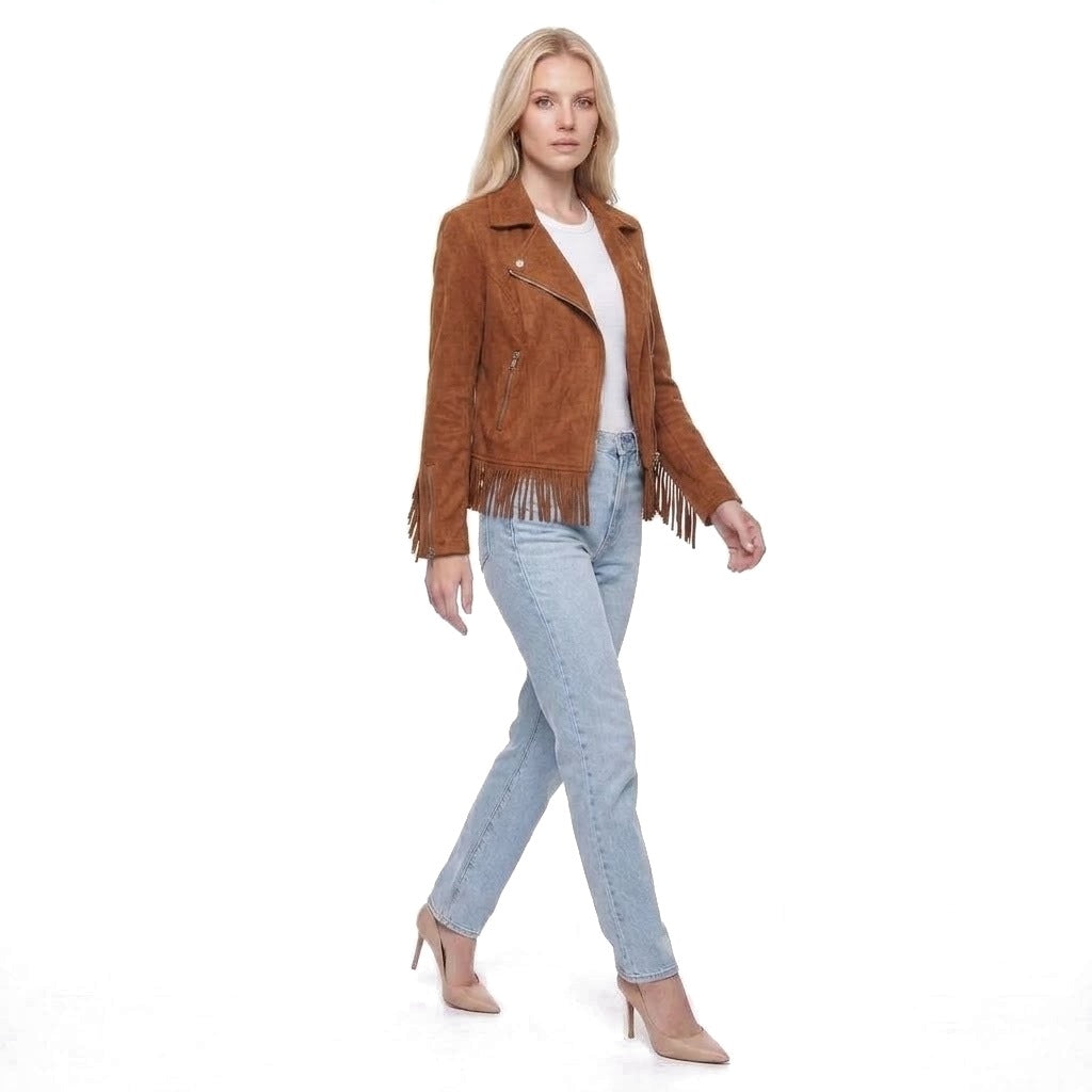 Faux Suede Fringe Trim Moto Jacket