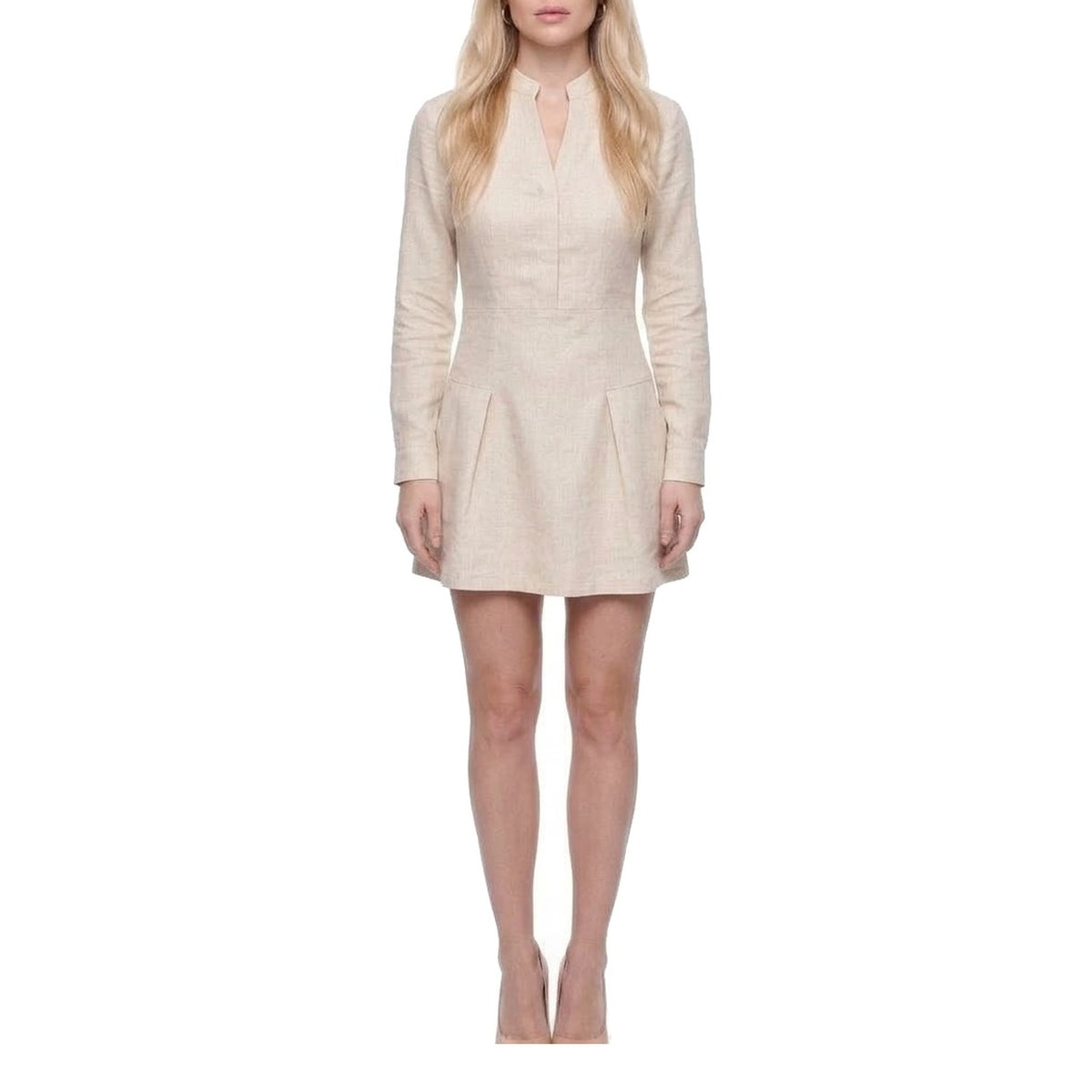 Stand Collar Long Sleeve Pleated Mini Dress
