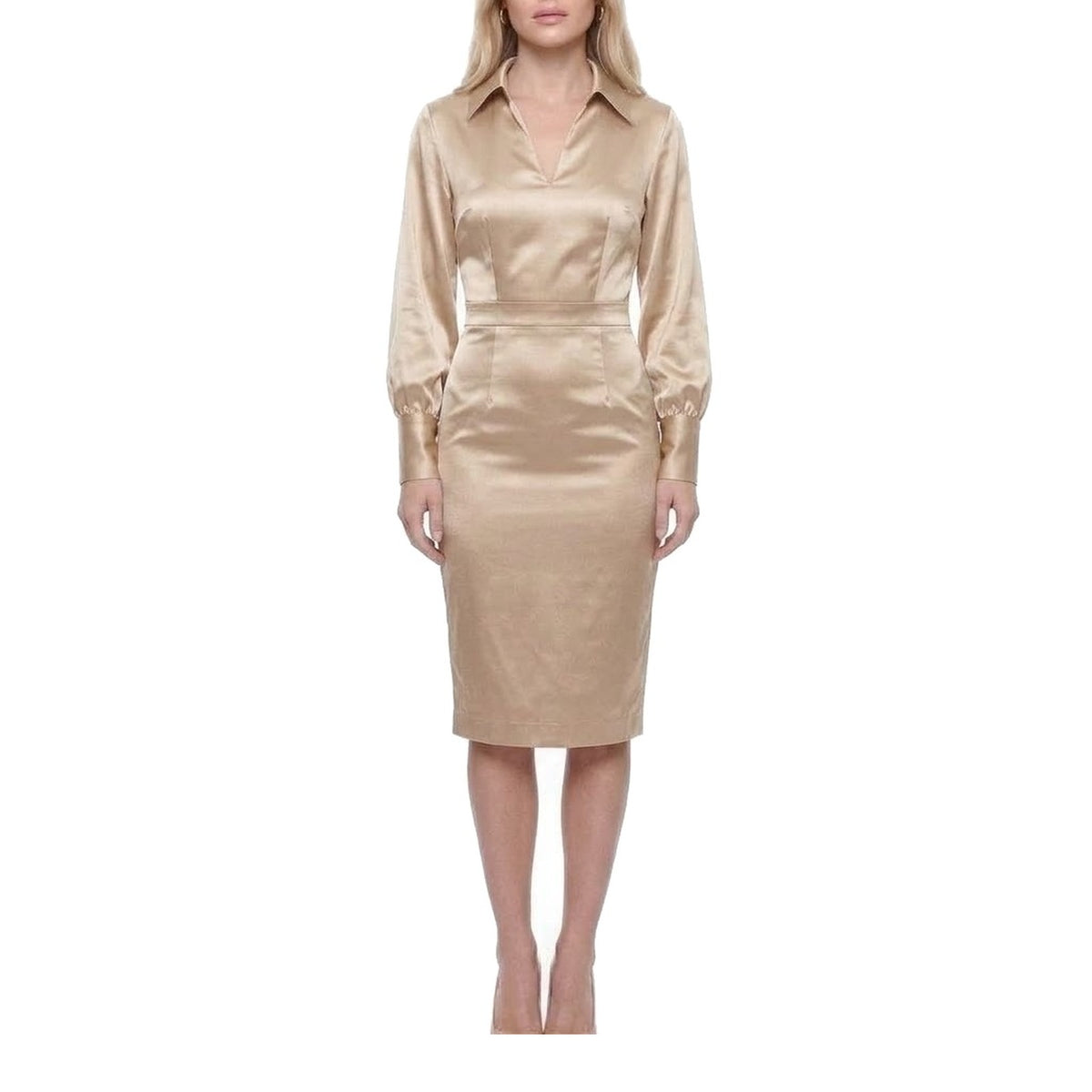 Satin Collared V-Neck Lantern Sleeve Midi Pencil Dress