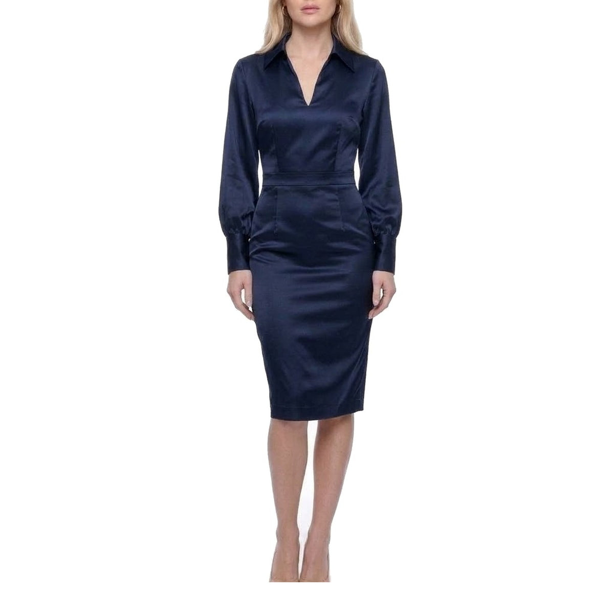 Satin Collared V-Neck Lantern Sleeve Midi Pencil Dress