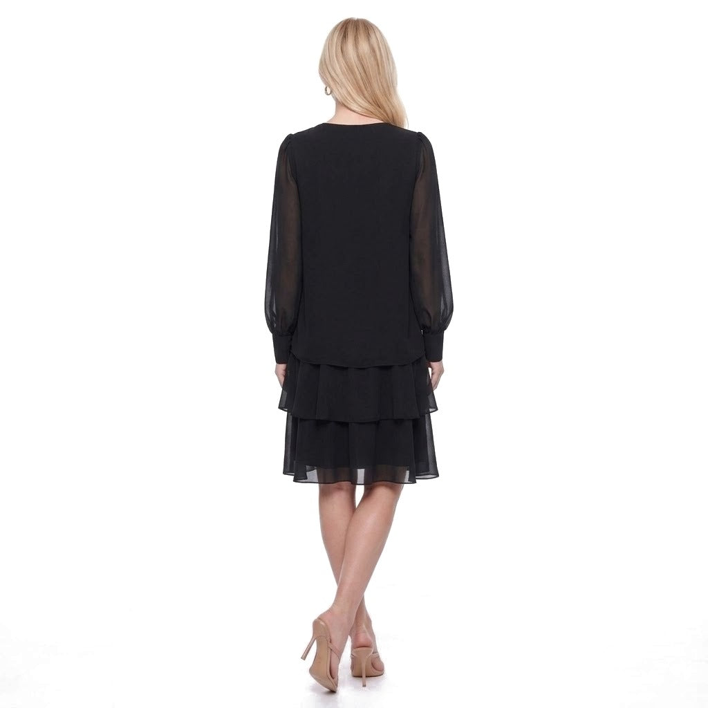 Keyhole Neck Sheer Lantern Sleeve Tiered Chiffon Dress