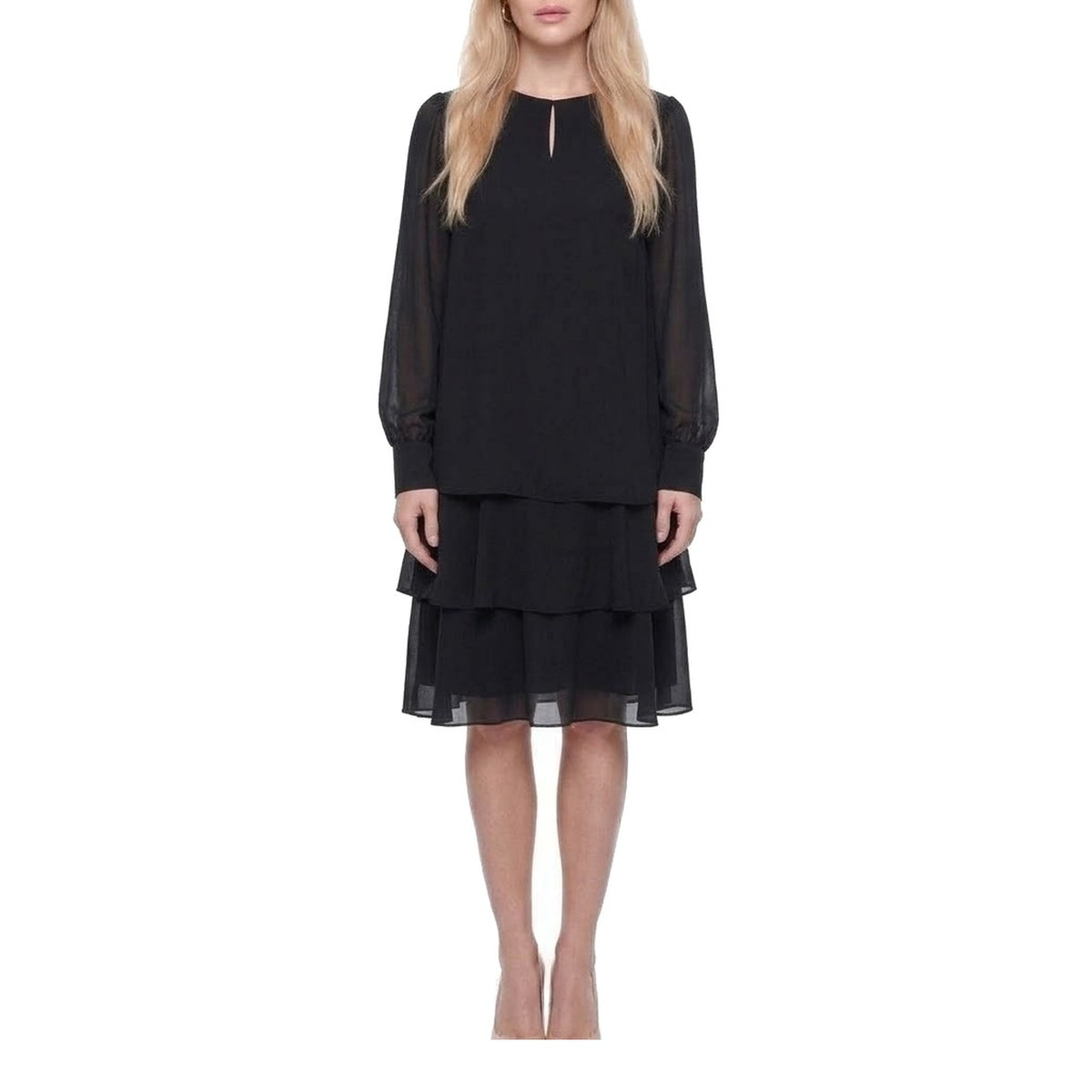 Keyhole Neck Sheer Lantern Sleeve Tiered Chiffon Dress