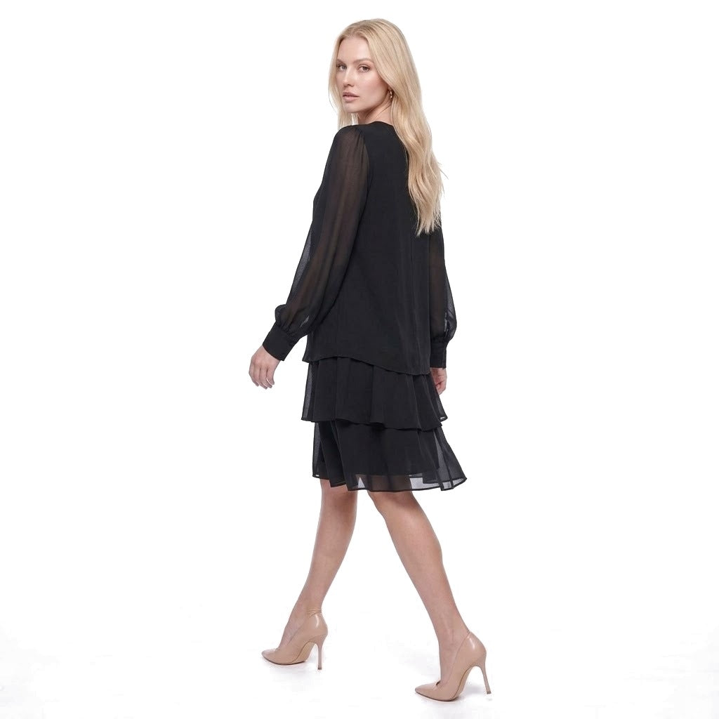 Keyhole Neck Sheer Lantern Sleeve Tiered Chiffon Dress
