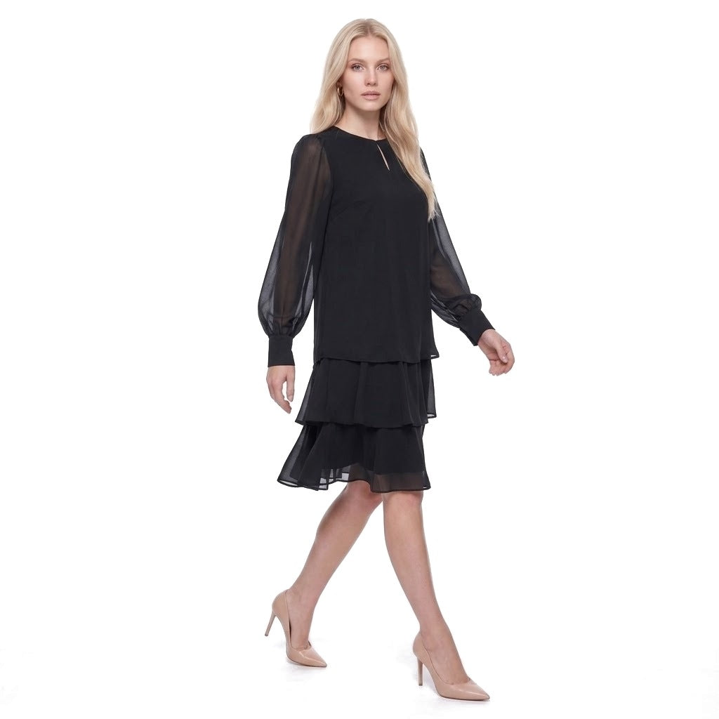 Keyhole Neck Sheer Lantern Sleeve Tiered Chiffon Dress