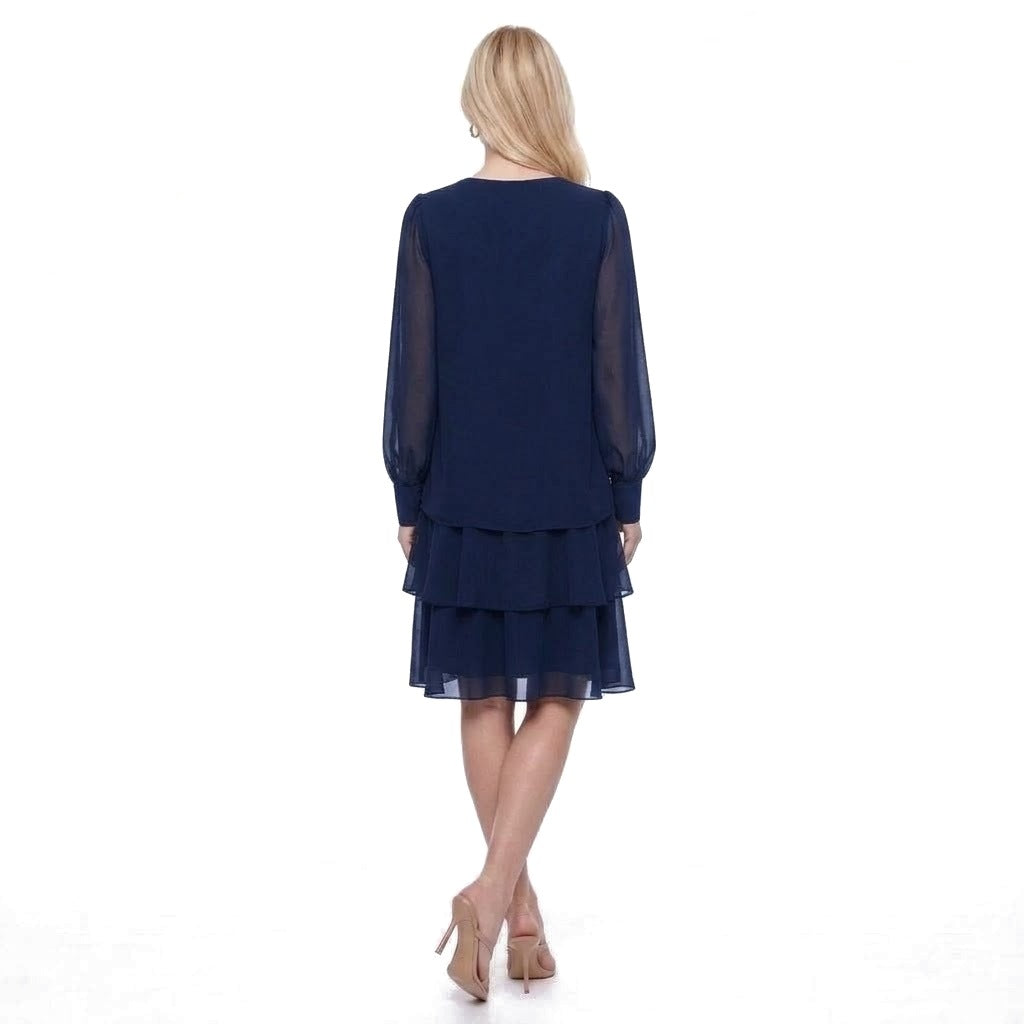 Keyhole Neck Sheer Lantern Sleeve Tiered Chiffon Dress
