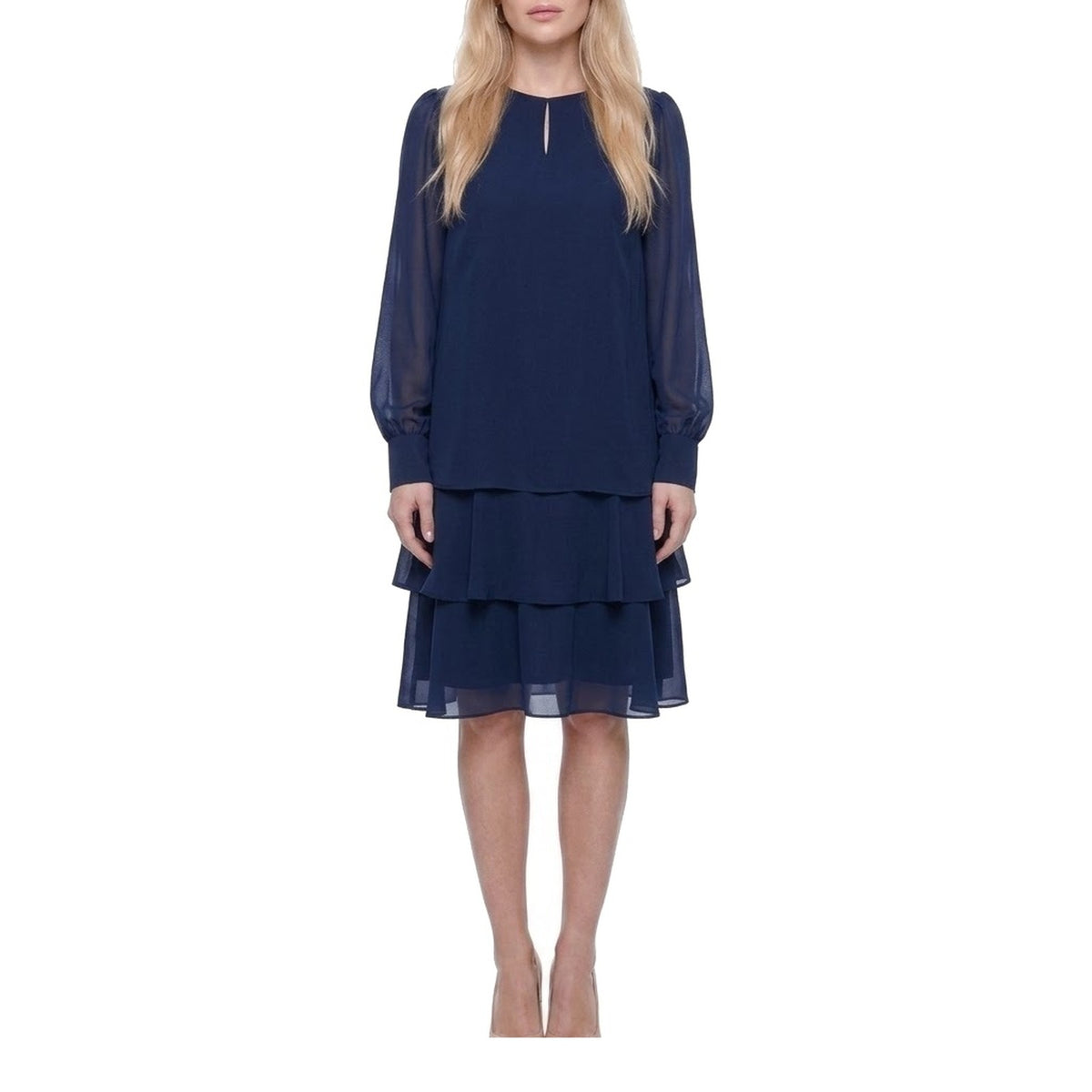 Keyhole Neck Sheer Lantern Sleeve Tiered Chiffon Dress