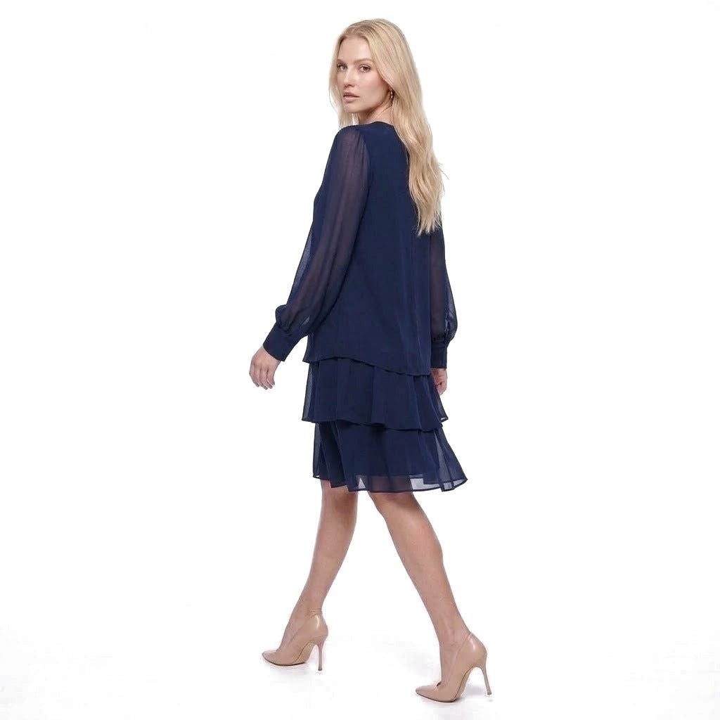 Keyhole Neck Sheer Lantern Sleeve Tiered Chiffon Dress