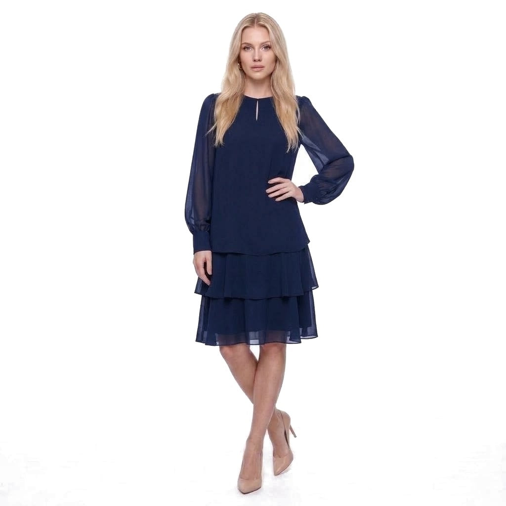 Keyhole Neck Sheer Lantern Sleeve Tiered Chiffon Dress