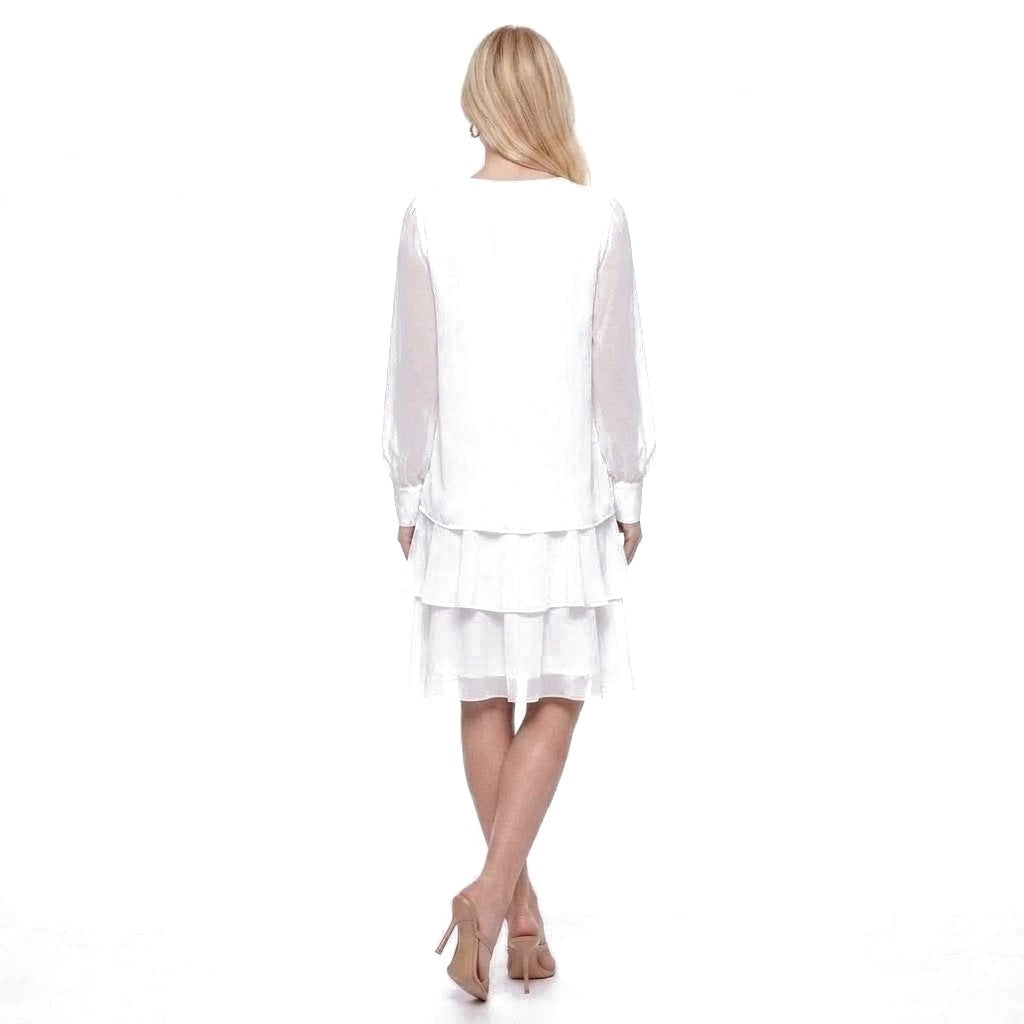 Keyhole Neck Sheer Lantern Sleeve Tiered Chiffon Dress