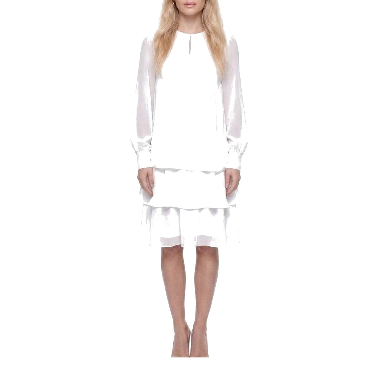 Keyhole Neck Sheer Lantern Sleeve Tiered Chiffon Dress