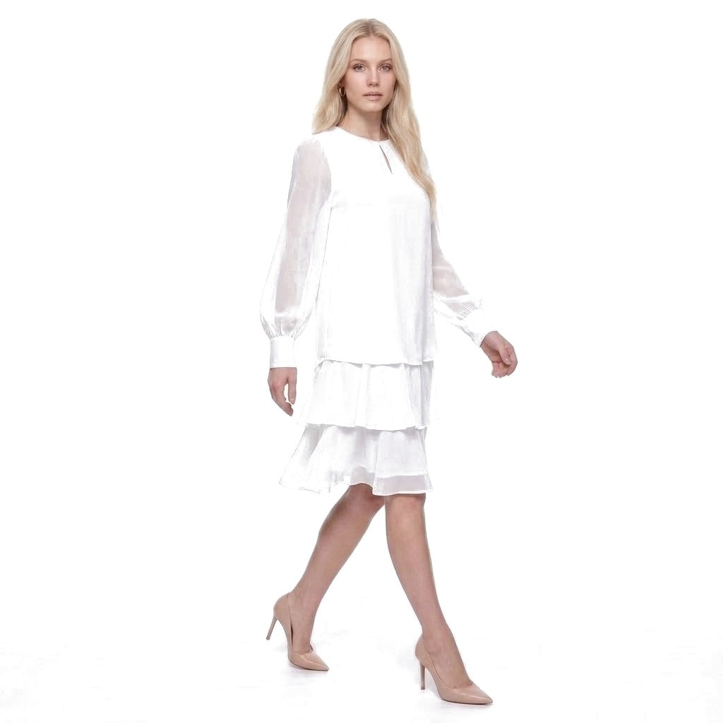 Keyhole Neck Sheer Lantern Sleeve Tiered Chiffon Dress