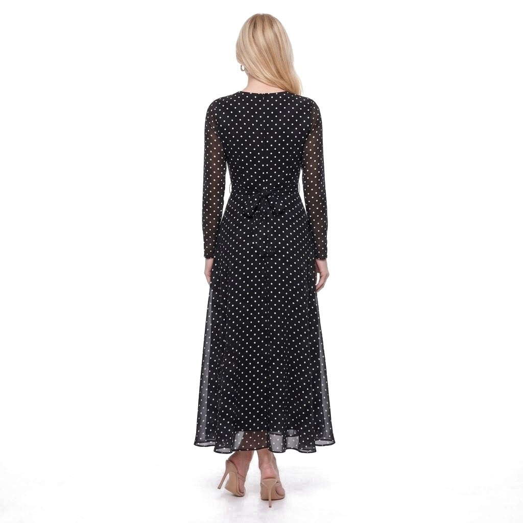 Polka Dot Long Sleeve Belted Chiffon Maxi Dress