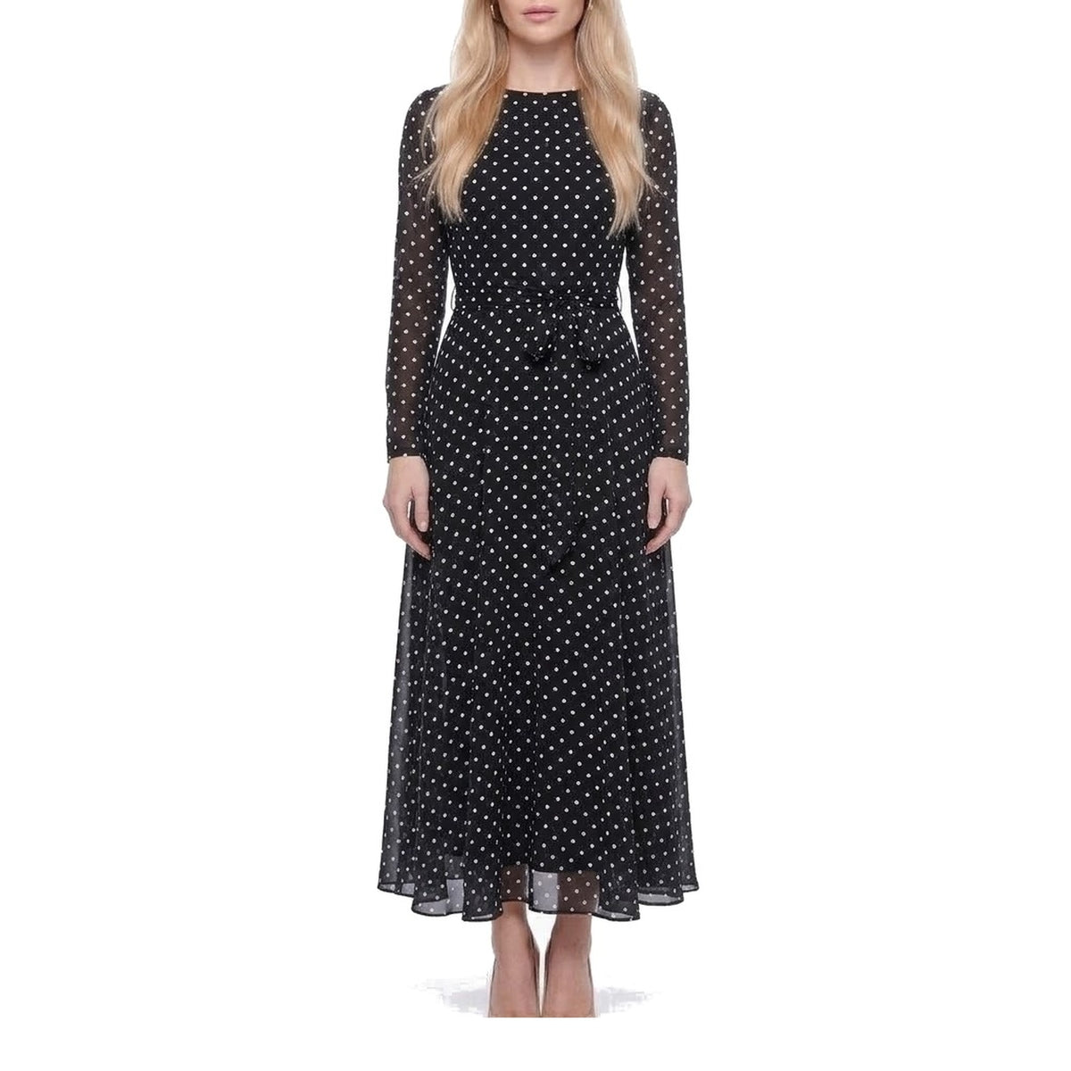 Polka Dot Long Sleeve Belted Chiffon Maxi Dress