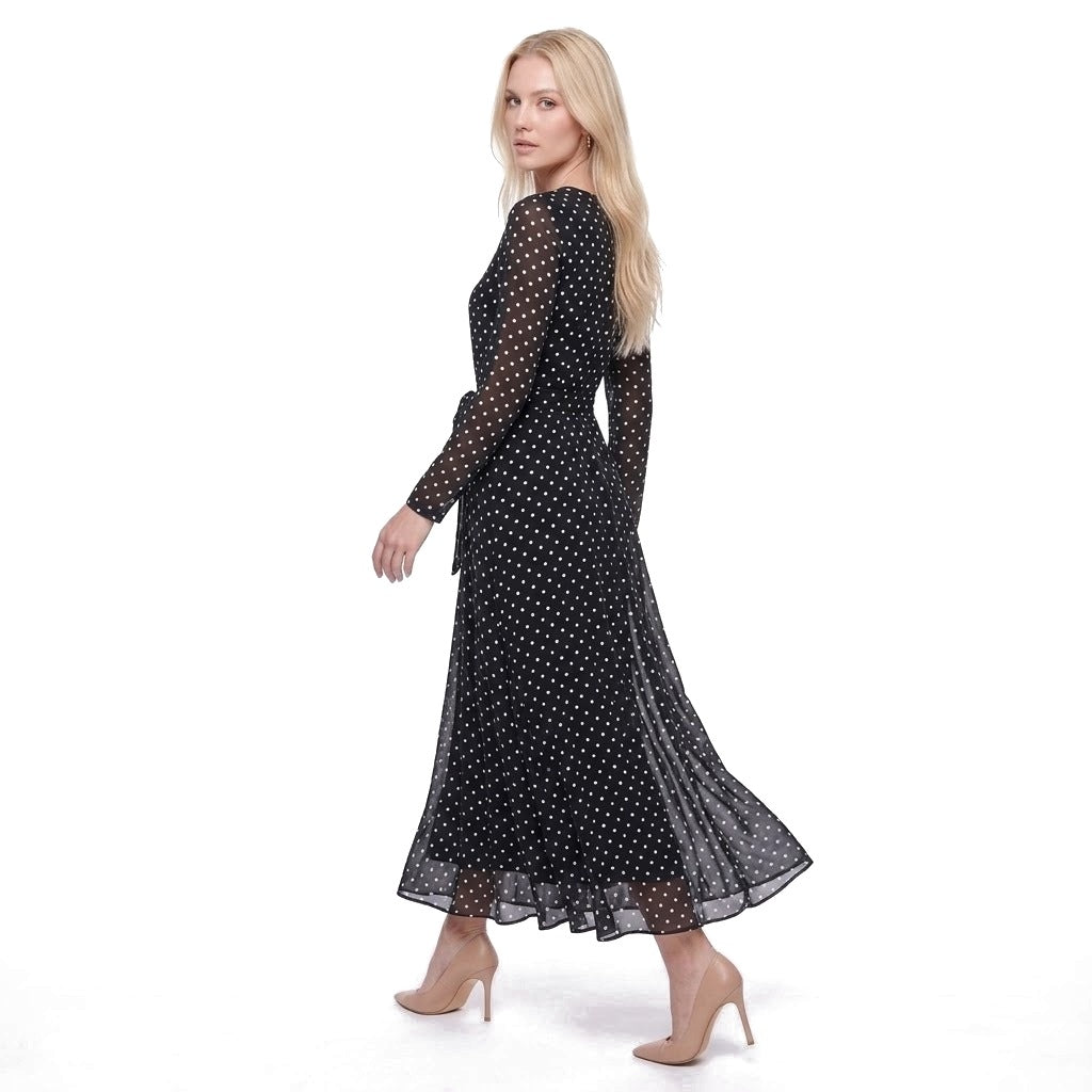 Polka Dot Long Sleeve Belted Chiffon Maxi Dress