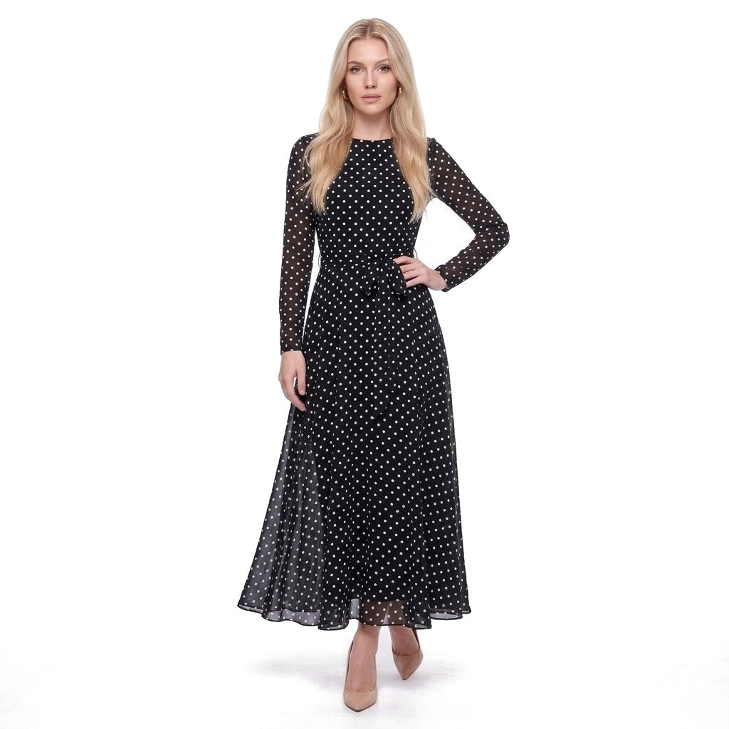 Polka Dot Long Sleeve Belted Chiffon Maxi Dress