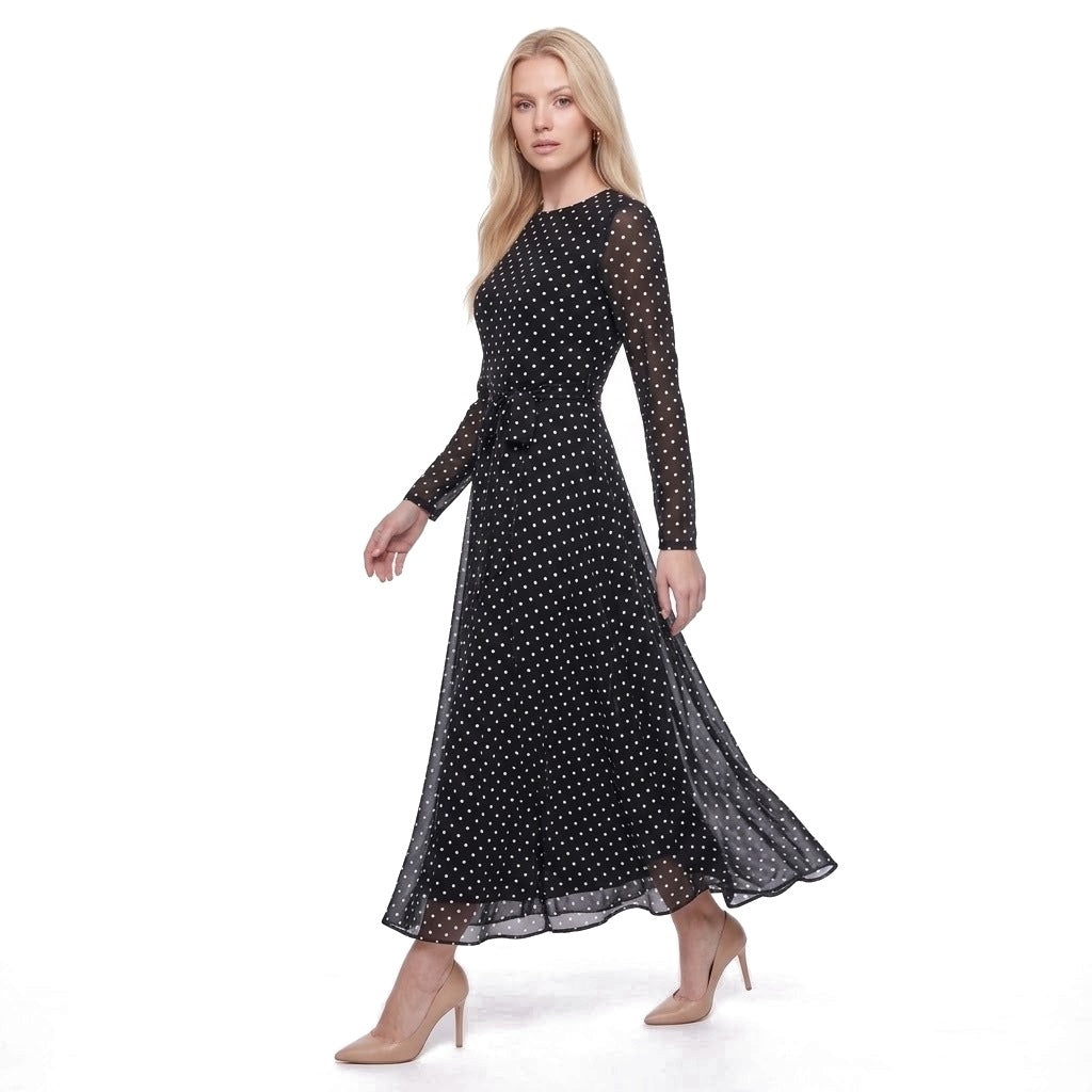 Polka Dot Long Sleeve Belted Chiffon Maxi Dress