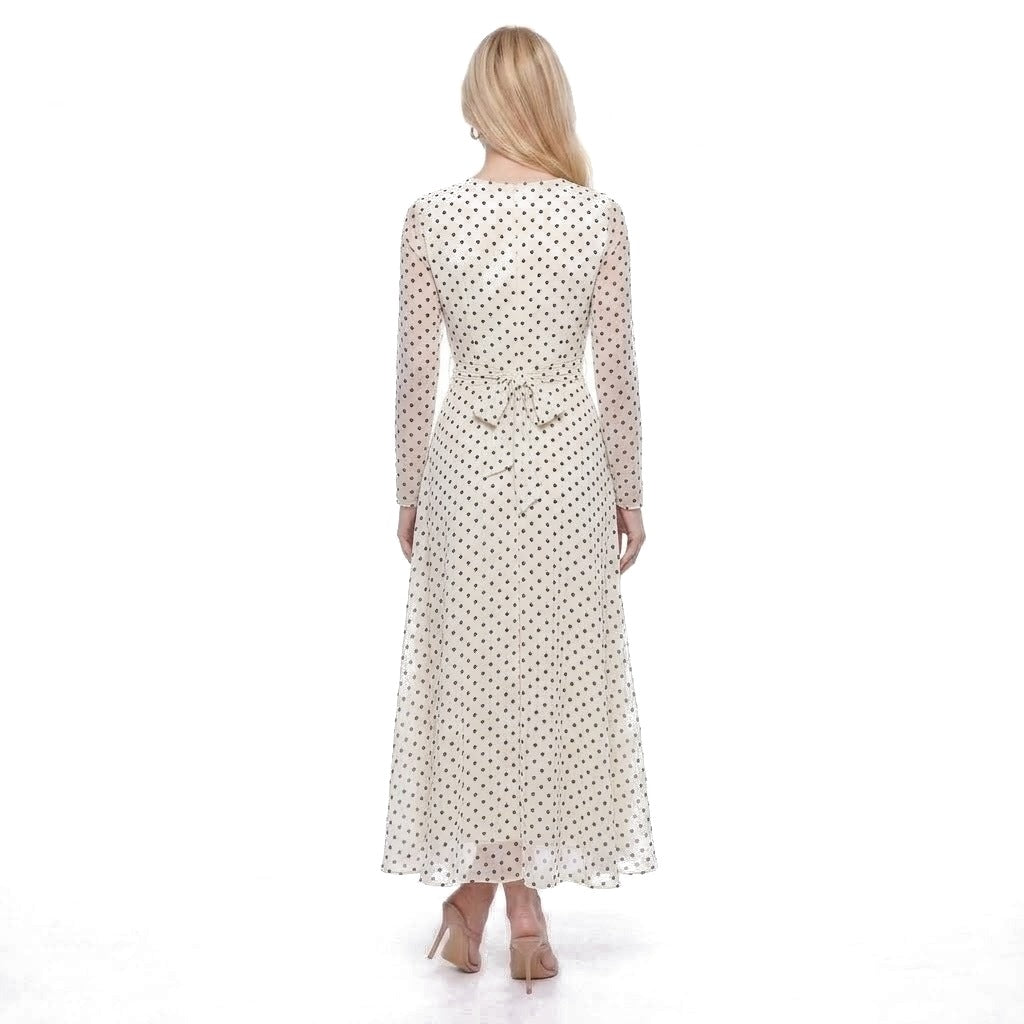 Polka Dot Long Sleeve Belted Chiffon Maxi Dress
