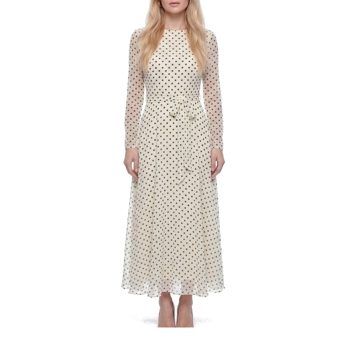 Polka Dot Long Sleeve Belted Chiffon Maxi Dress