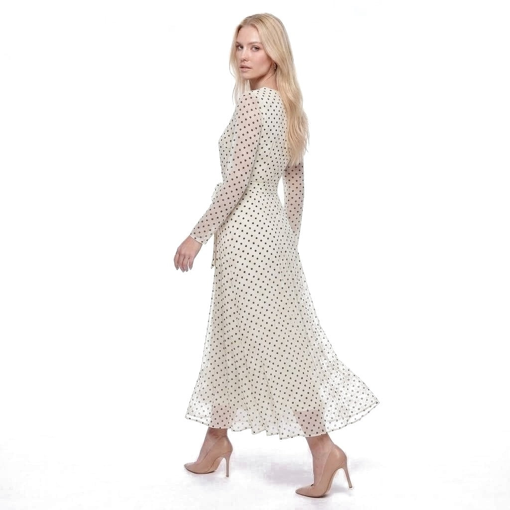 Polka Dot Long Sleeve Belted Chiffon Maxi Dress