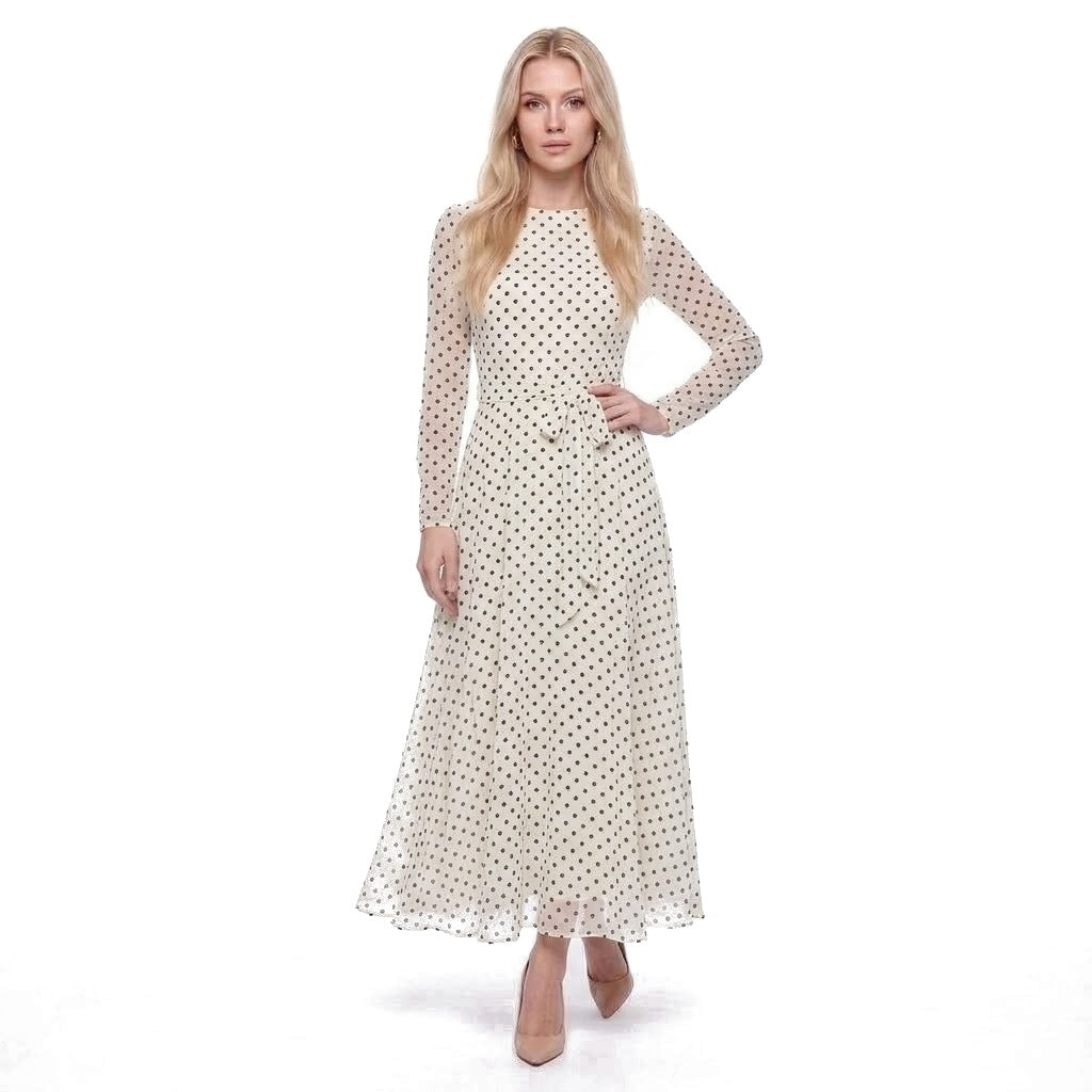 Polka Dot Long Sleeve Belted Chiffon Maxi Dress