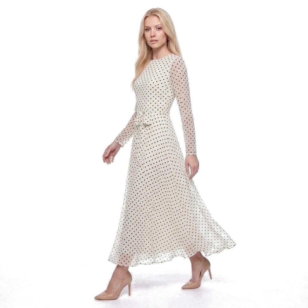 Polka Dot Long Sleeve Belted Chiffon Maxi Dress