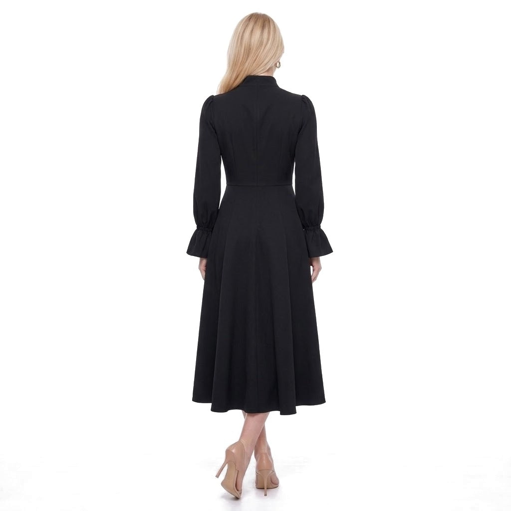 Ruched Stand Collar Bell Cuff Long Sleeve A-Line Midi Dress