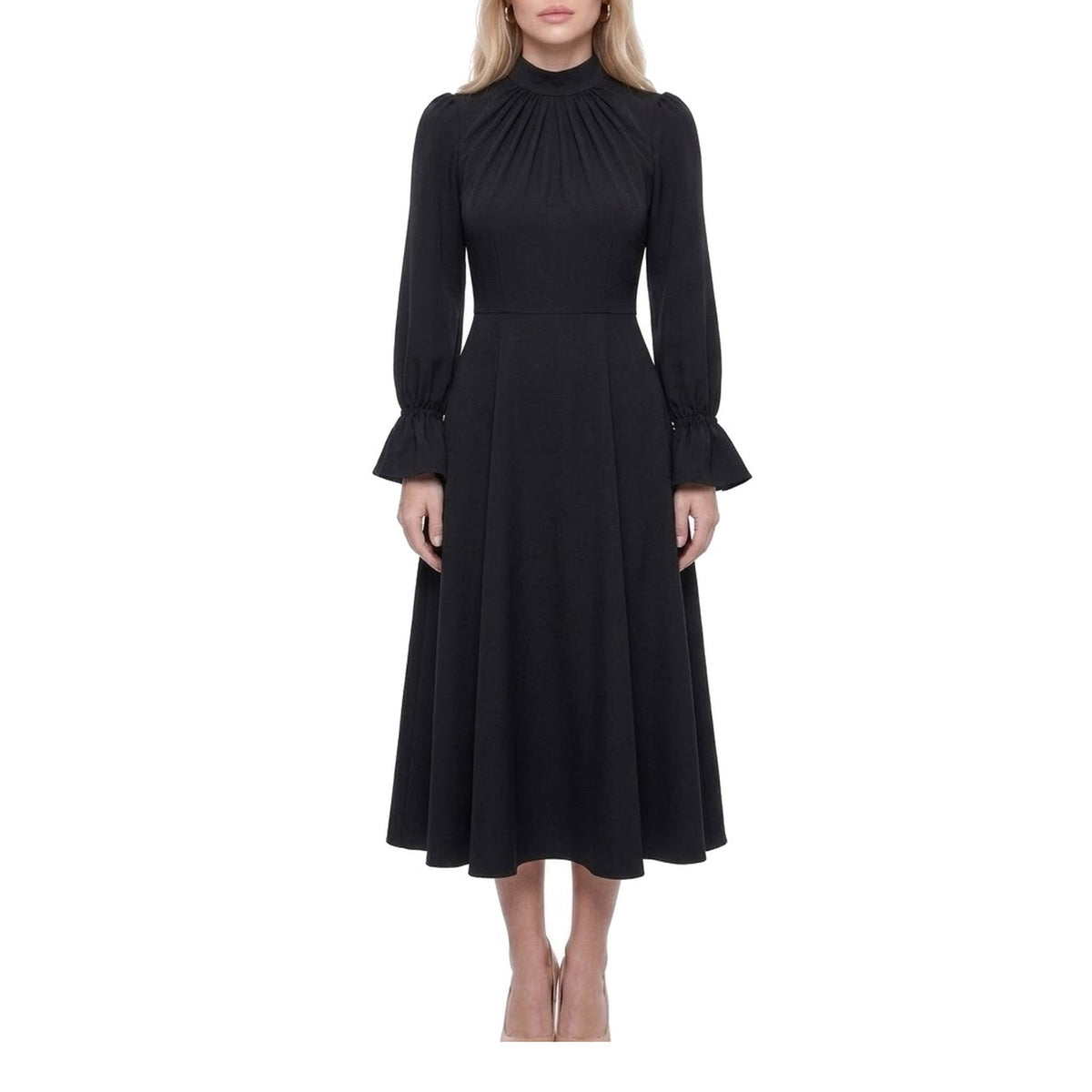 Ruched Stand Collar Bell Cuff Long Sleeve A-Line Midi Dress