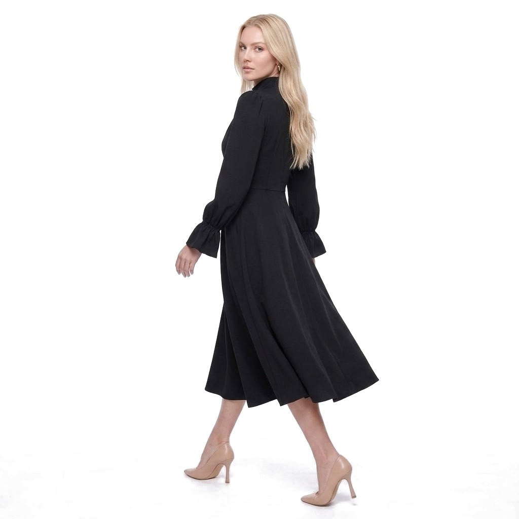Ruched Stand Collar Bell Cuff Long Sleeve A-Line Midi Dress