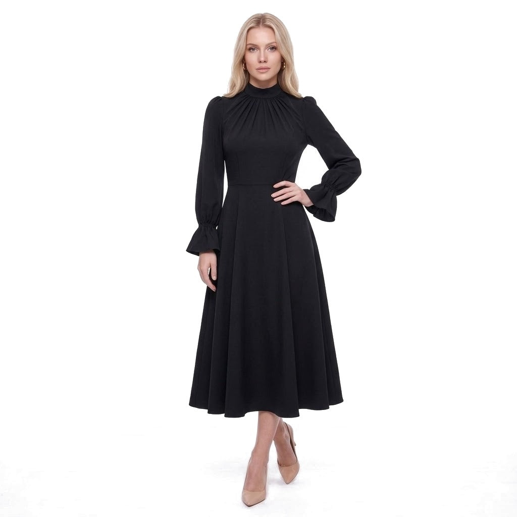 Ruched Stand Collar Bell Cuff Long Sleeve A-Line Midi Dress